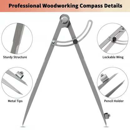 12 inch Compass for Geometry, Compass for Woodworking, Precision Woodworking Compass with Wing Divider and Pencil Holder, Large Compass for Geometry, Woodworking Compass, Drafting, Drawing Compass