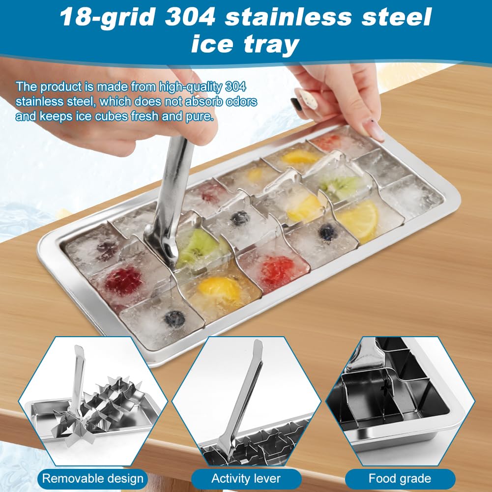 Stainless Steel Ice Cubes Tray With Ice-Clips,Hammer,10 anti-cut Finger Cots,(11", 18 cubes) Metal Ice-Tray with Release Lever Remove Handle for Making Various Ice-Cubes(silver,Size:11inch)