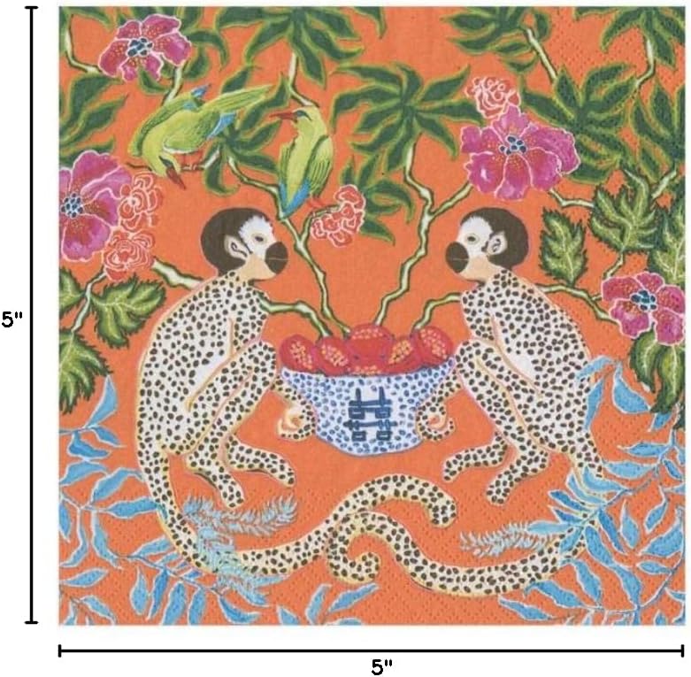 Caspari Monkeys Paper Cocktail Napkins - Two Packs of 20 in Orange
