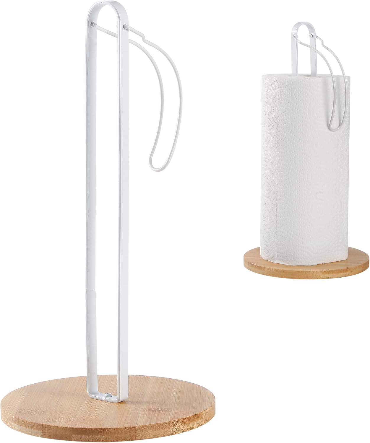 Wood Paper Towel Holder with Fixer, Free-Standing Kitchen Towel Holder with Non-Slip Wooden Base - White