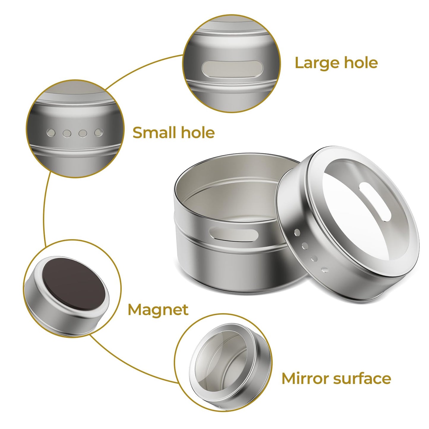 Vetacsion Set of 16 Magnetic Spice Tins with 4 Metal Wall-Plates,100 Preprinted Seasoning Label Stickers,2 Styles for 3 oz Herb Jars