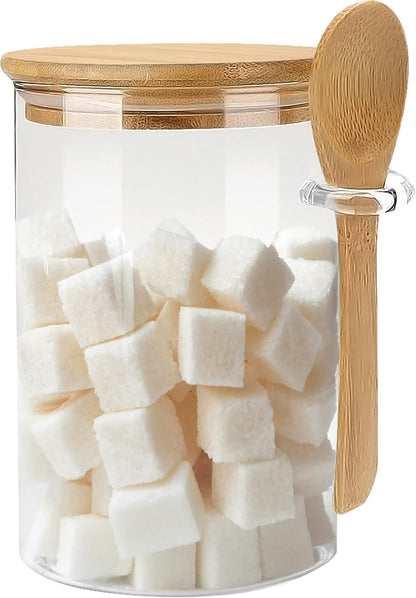 1 Pack 15oz Glass Sugar Container with Spoon - Glass Jars with Bamboo Lid and Spoon, Bamboo Lid Storage Jar Containers