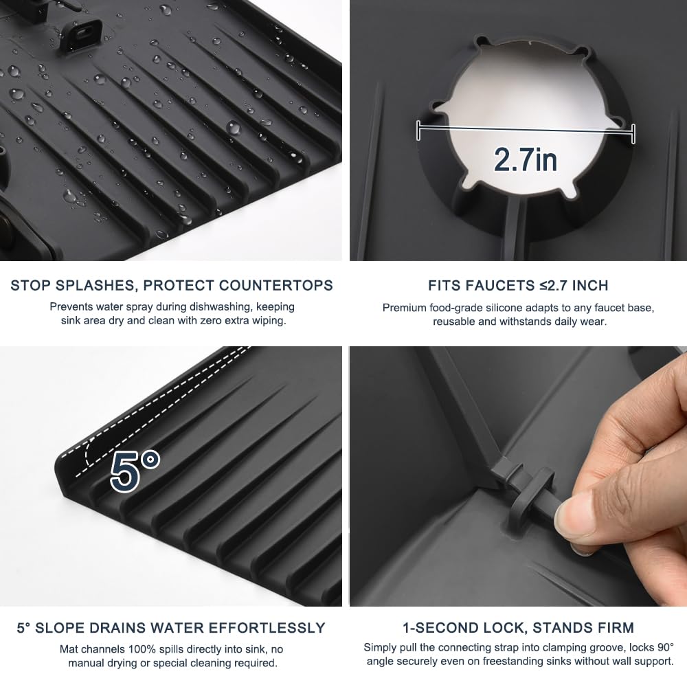 Silicone Faucet Drip Catcher Tray Mat - Upgraded Design - Sink Backsplash Guard Behind Faucet, Silicone Faucet Mat for Dish Soap Sponge Holder, Kitchen Counter Bathroom Kitchen Sink Splash Guard-Black