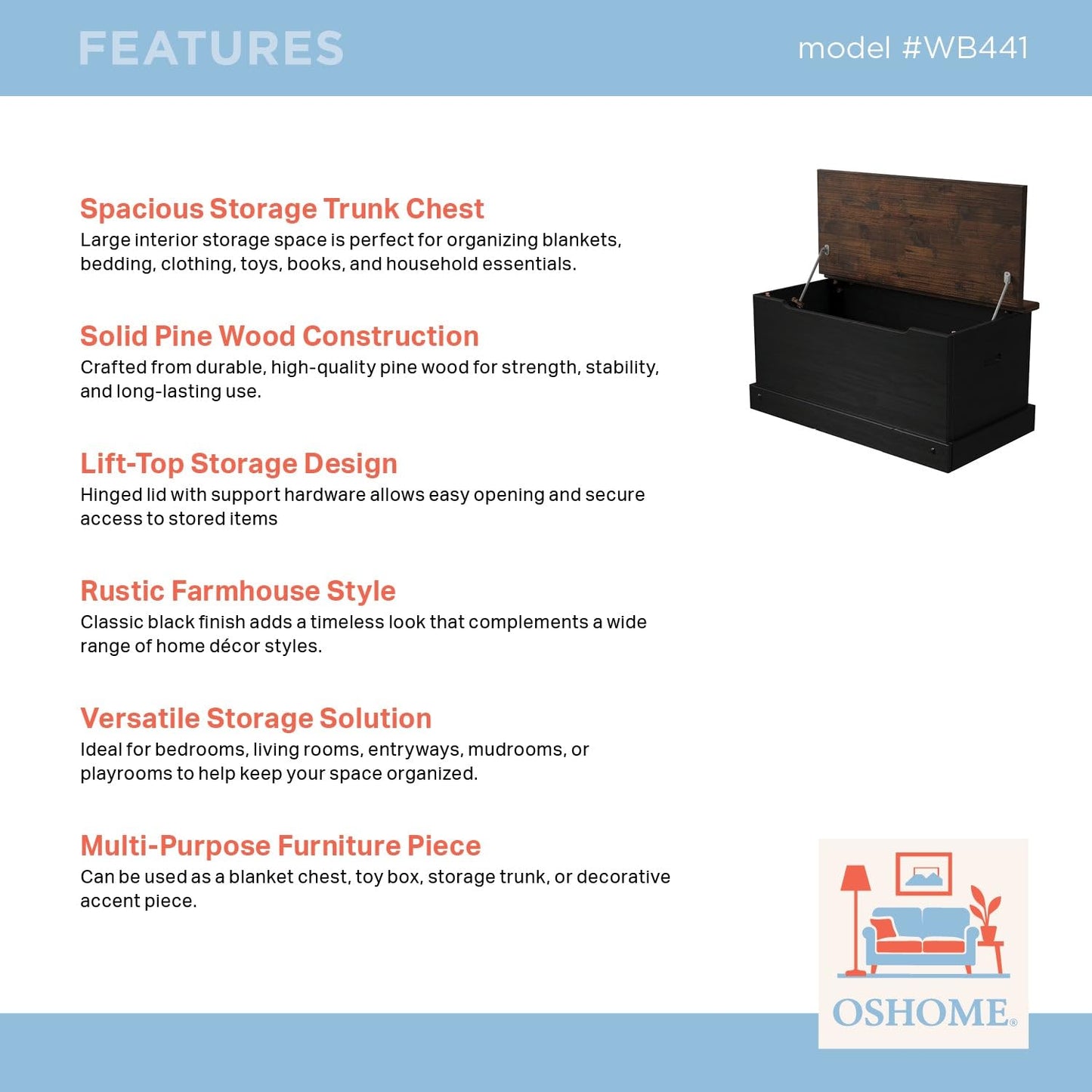OSHOME 35.5" Solid Pine Storage Chest with Lift -Top Hinged Lid, Storage for Bedroom, Entryway and Living Room in Harvest Black Finish