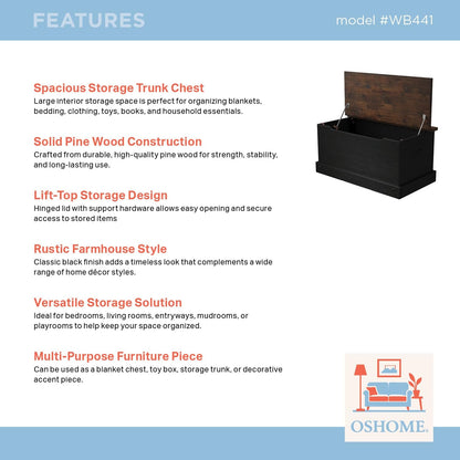 OSHOME 35.5" Solid Pine Storage Chest with Lift -Top Hinged Lid, Storage for Bedroom, Entryway and Living Room in Harvest Black Finish