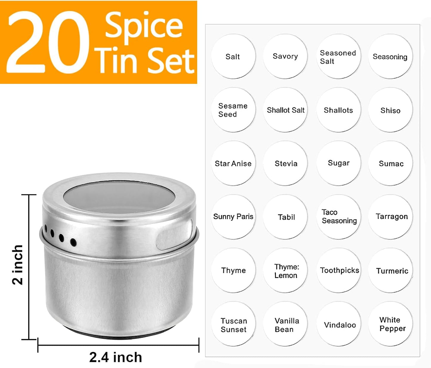 20 Pack 240 Set Bekith Magnetic Spice Jars, Magnetic Spice Containers for Refrigerator, Seasoning Tins with Clear Top
