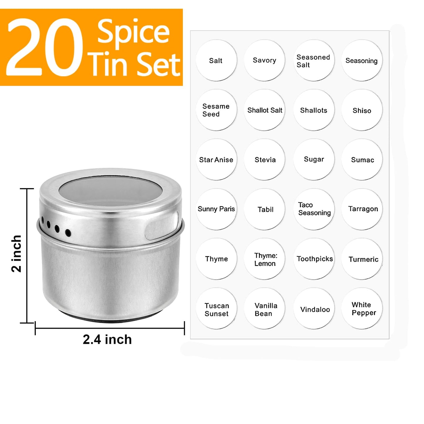 Bekith 20 Pack Magnetic Spice Jars, Magnetic Spice Containers for Refrigerator, Seasoning Tins with Clear Top Lid, 240 PVC Spice Label Set