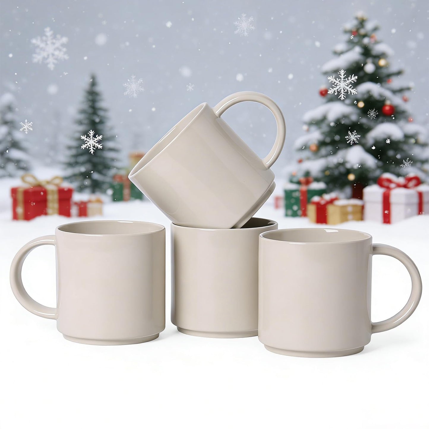 ALOFMO Coffee Mugs Set of 4, Stoneware Coffee Cups with Comfortable Handle, 16oz Ceramic Mugs for Kitchen & Office, Dishwasher & Microwave Safe - Creamy White