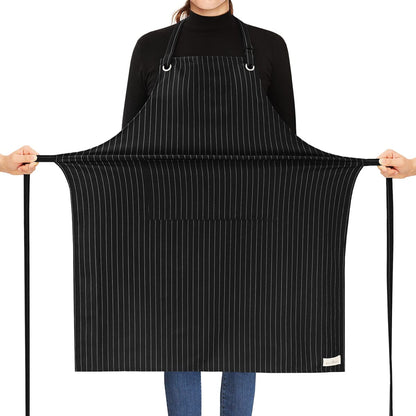 ROTANET Stripe Stretch Apron for Men Women Chef Big and Tall Large Striped Aprons with Pockets for Kitchen Cooking Waterproof Black