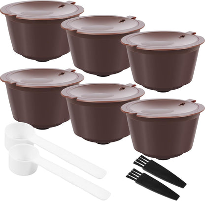 6 Pcs Refillable Coffee Pods Kit, 5.4x3.5 cm Food Grade PP Coffee Capsule with 2 Spoon and 2 Brush