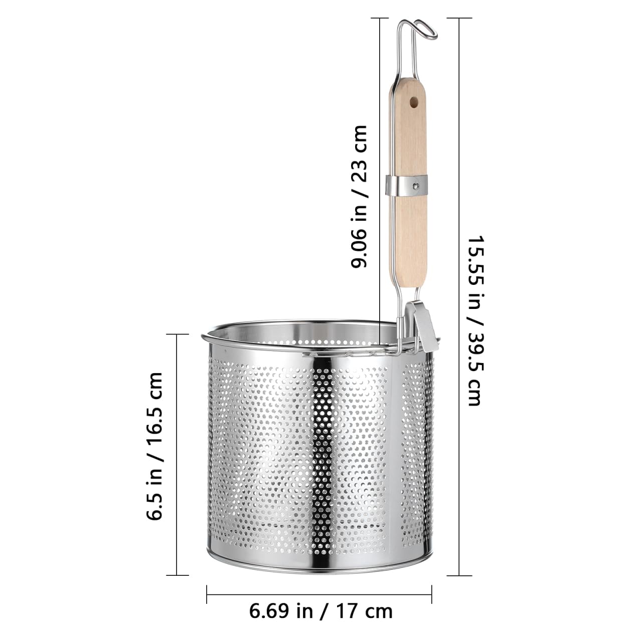 Angoily Mesh Pasta Strainer 1 Gal Stainless Steel 6.5" Deep Noodles Basket Hot Pot Colander with Wooden Handle 3.7L Boiling Spider Strainer for Cooking Dumpling Vegetable Food