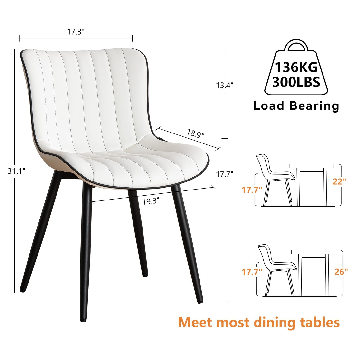 YOUNUOKE Mid-Century Modern Dining Chairs Set of 2, White PU Leather Upholstered Kitchen Chairs with Black Metal Legs, Armless Accent Chair for Dining Room, Guest Reception Room