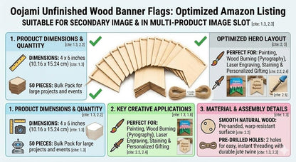 Oojami 50-Pack Unfinished Wood Banner Flags with Twine – Natural Wooden Pennant Ornaments for Crafts, Painting, Wood Burning, and Laser Engraving – Custom Blank Garland Kit for Party & Event Decor
