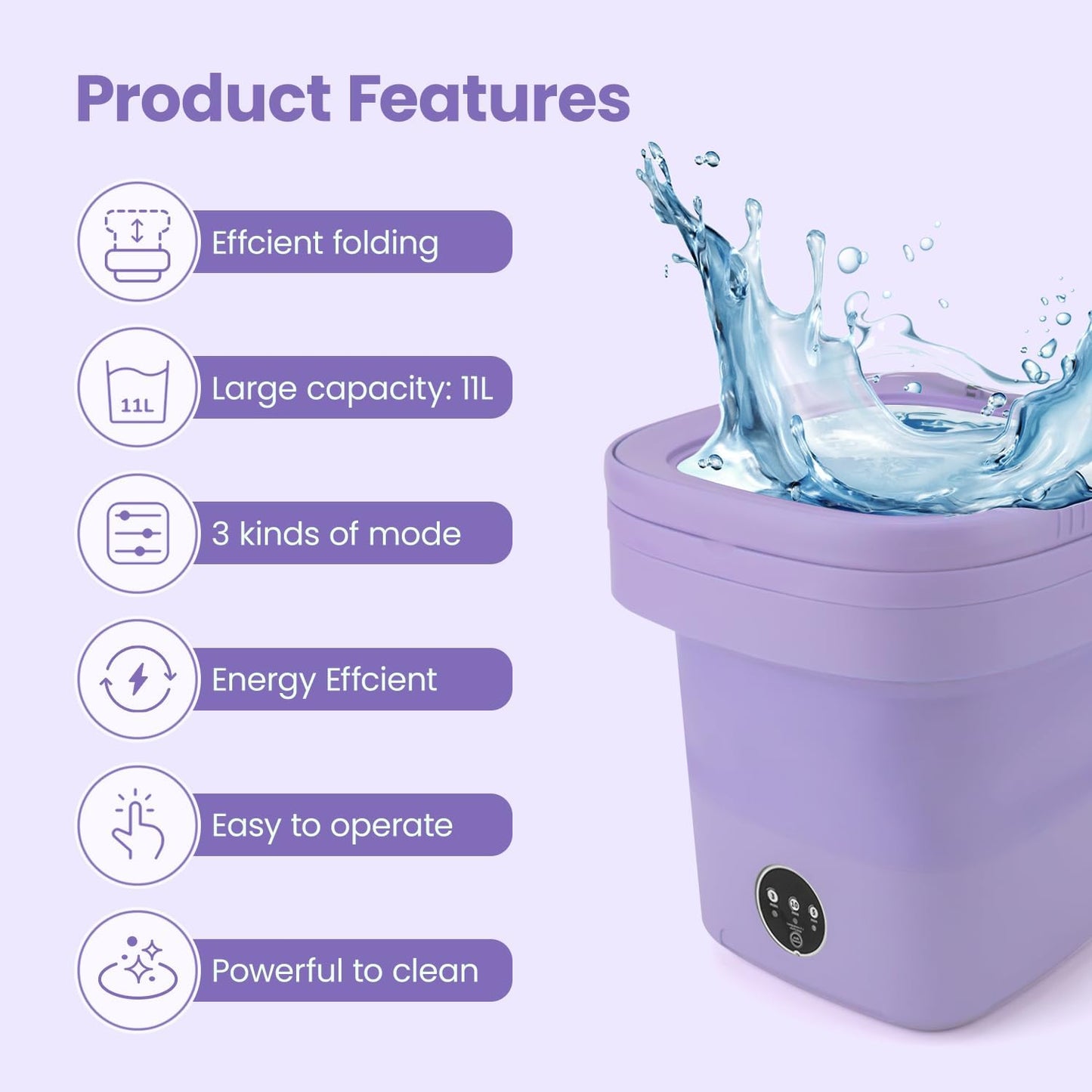 FETIONS Portable Washing Machine, 11L Foldable Washer with 3 Modes, Deep Cleaning for Underwear, Baby Clothes, and