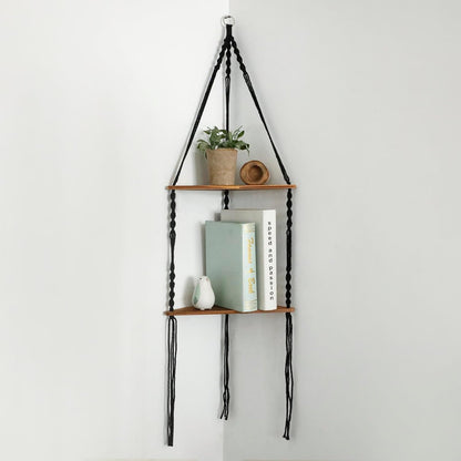 2 Artilady Macrame Corner Shelf Wall Hanging - Tier Black Corner Floating Shelves Boho Wall Decor, Rustic Wooden Plant