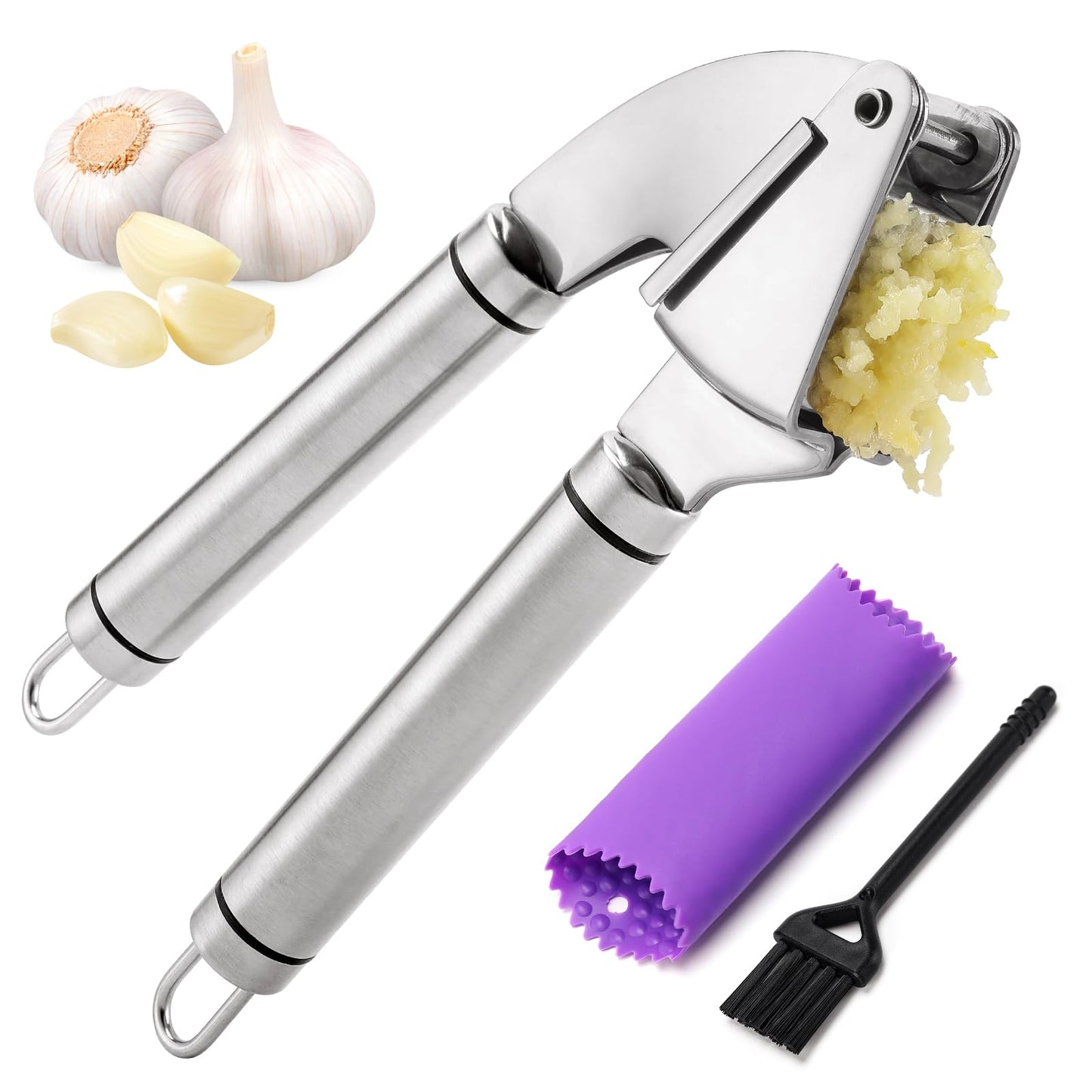 Garlic Press Mincer, 304 Stainless Steel Garlic Press with Garlic Peeler Tube, Heavy Duty Metal Ginger Press, Silver