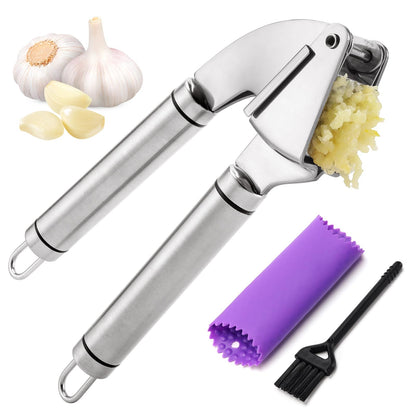 Garlic Press Mincer, 304 Stainless Steel Garlic Press with Garlic Peeler Tube, Heavy Duty Metal Ginger Press, Silver
