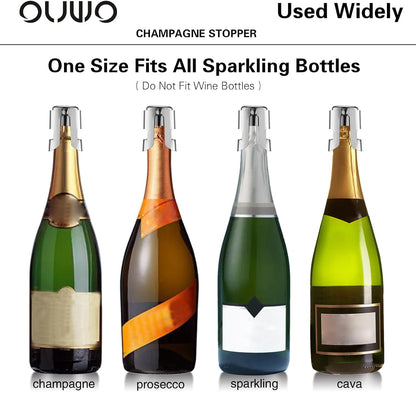 OUWO Champagne Stopper 6 Pack Stainless Steel Champagne Save with Food Grade Silicone, Leak-Proof Bubble Retaining Saver, Suitable for Champagne Prosecco Cava and Sparkling (Silver)