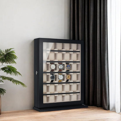 TIMELYBUYS 30 Piece Black Wood Watch Display Wall Hanging Case and Storage Organizer Box and Stand for Oversized Watches