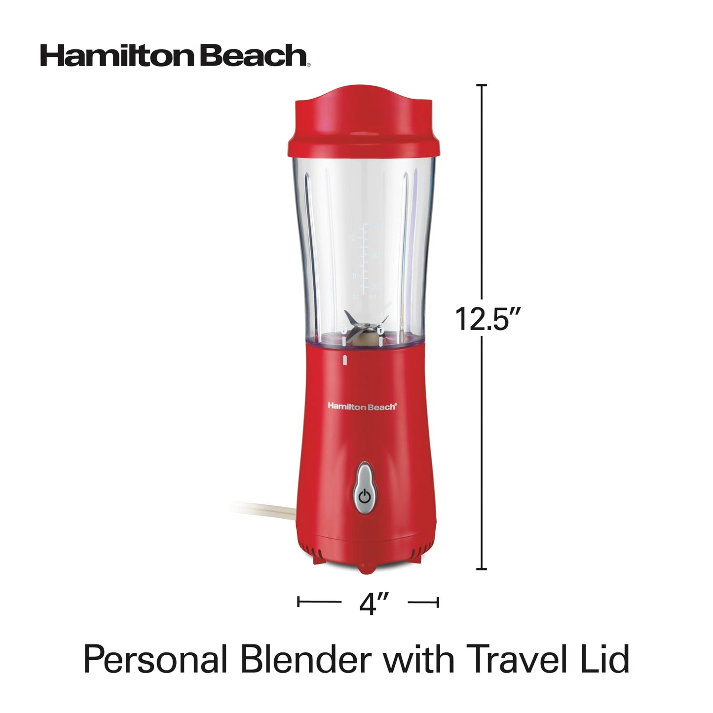Hamilton Beach Portable Blender for Shakes and Smoothies, 14 Oz BPA Free Travel Cup & Lid, Durable Stainless Steel Blades, Personal Smoothie Blender, Red (51101RV)