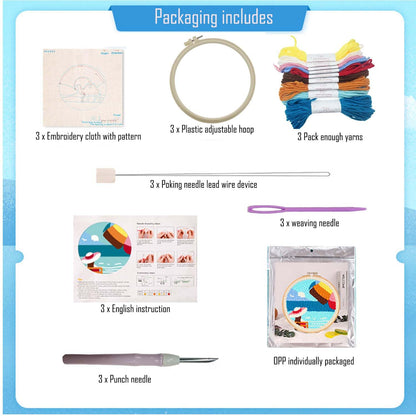 Allazone 3 Set Punch Needle Embroidery Starter Kits with Flower Pattern, Punch Needle Tool Threader Fabric, Yarn, Embroidery Hoop for Crafts, Home Decor