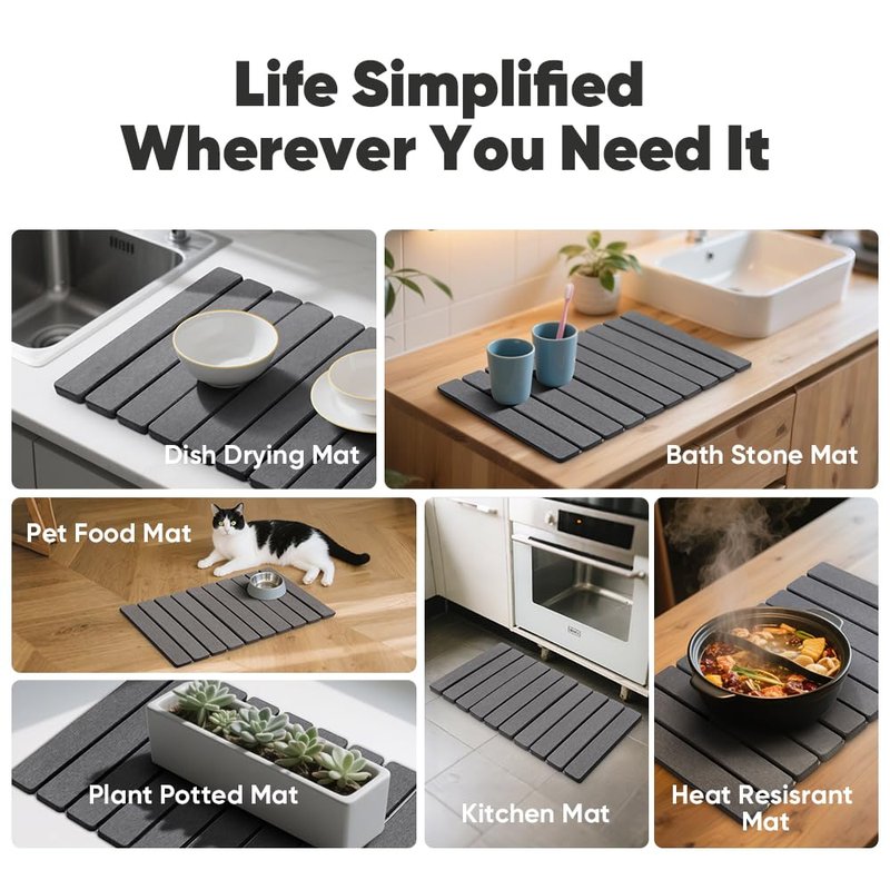 Stone Drying Mat for Kitchen Counter, Quick Diatomaceous Earth Mats for Dishes, 23.6"L x 15.7" W Super Absorbent Fast-Drying Collapsible Countertop Stone Mat (Dark Grey, 24" x 16")