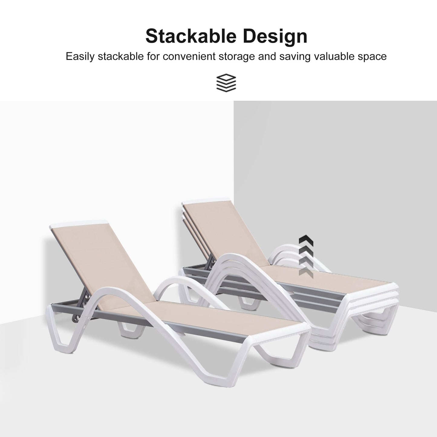 PURPLE LEAF Patio Chaise Lounge Chair Set Outside Aluminum Plastic Stackable Tanning Chairs with Armrests and Side Table for Pool Sunbathing Beach Deck Outdoor Lounger, Khaki