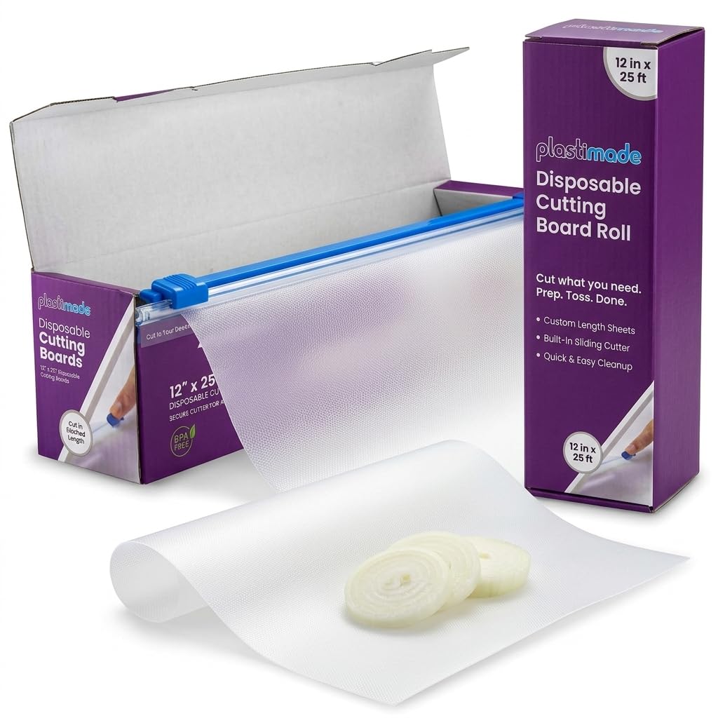 Plastimade Disposable Plastic Cutting Board | Easy To Use Flexible Cutting Board Sheets With Built In Sliding Cutter | For Thanksgiving Cooking Prep, Commercial, Traveling, Tailgating, Camping,