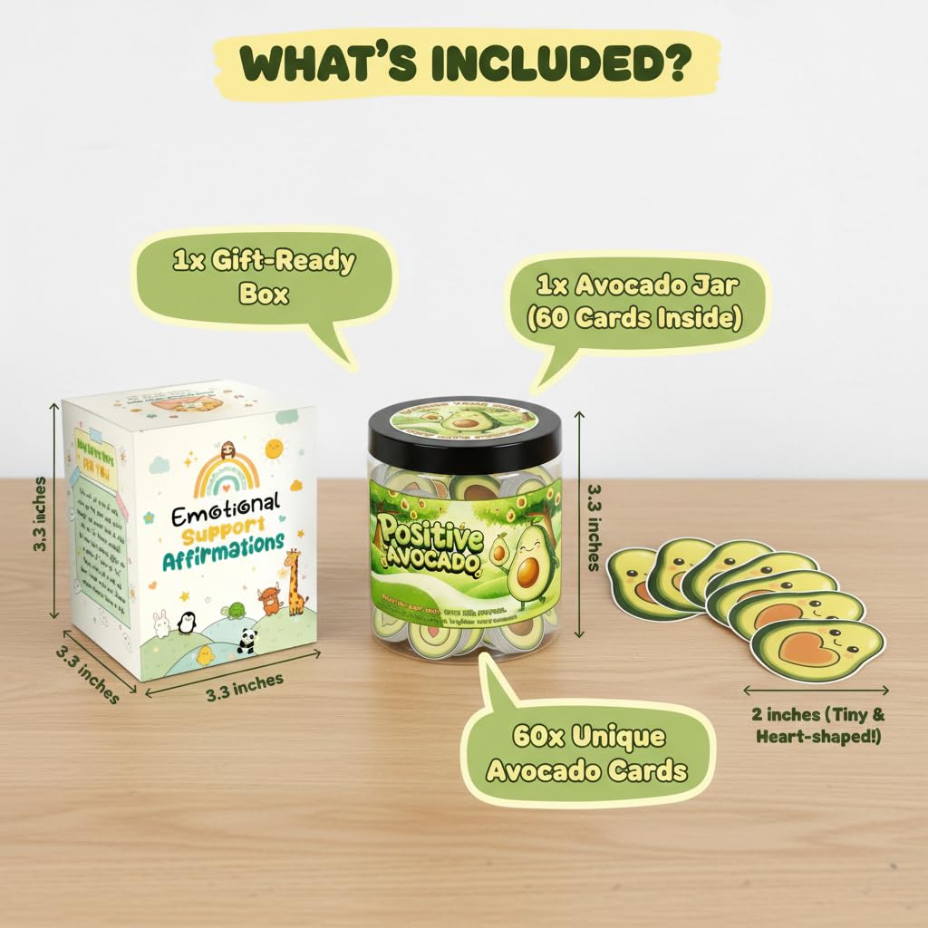 Positive Avocado Jar with 60 Daily Affirmation Cards, Emotional Support Avocado Decor, Gift for Women and Teens, Inspirational Mental Health Jar for Friends Seeking Good Luck and Encouragement