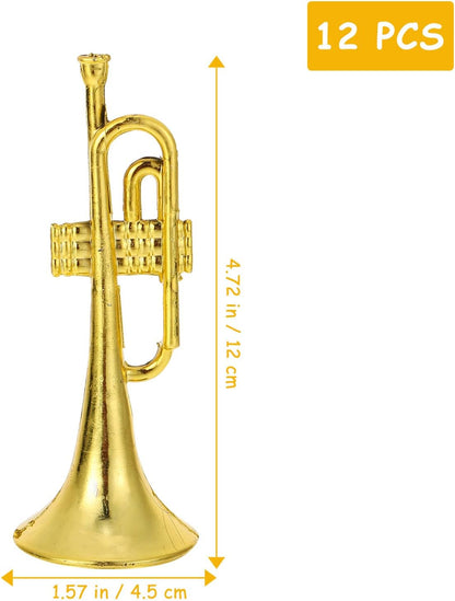 12pcs Golden Trumpet Musical Instruments Mini Plastic Trumpet Models for Christmas Tree Wreath Home Party DIY Hanging