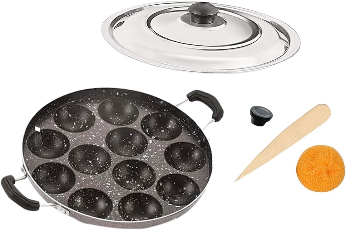 Non Stick Aluminium Appam Pan, 12 Pits with Steel Lid, Two Side Handle Appam Maker, Black and Silver Paniyaram Pan