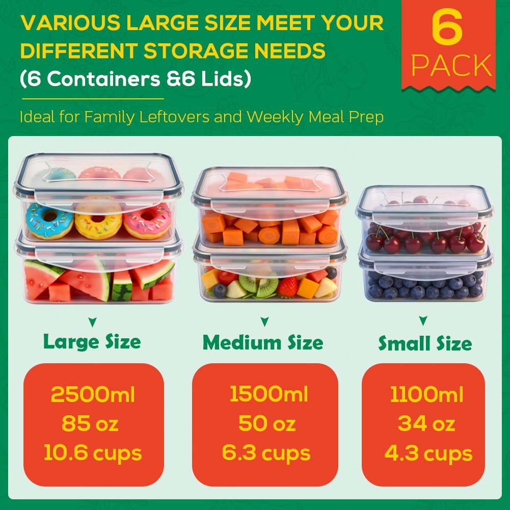6 Pack Large Food Storage Containers with Lids (85oz/50oz/34oz) –BPA-Free Reusable Thicker Plastic Freezer Safe Storage Containers, Airtight & Leakproof Kitchen Meal Prep Containers for Food