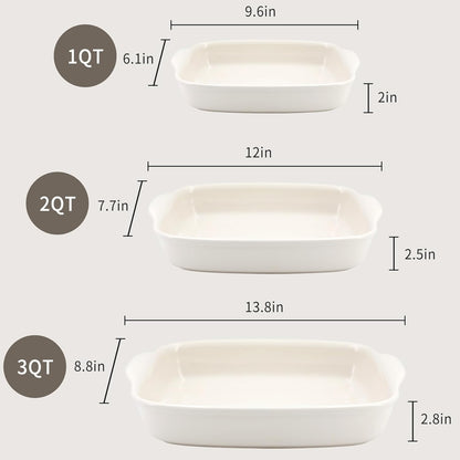 Skiennix 3-Pack Ceramic Baking Dishes Set - Heavy-Duty Oven-Safe Stoneware for Lasagna & Baking | High Heat Resistant, Handcrafted Glazed Finish (13.8''/12''/9.6'' Pure Off-White)