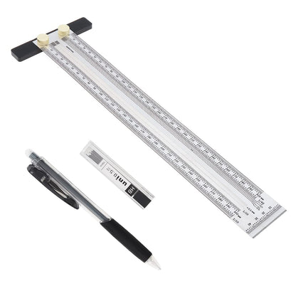 Smgda Precision Marking T-Rule Stainless Steel T Square with Mechanical Pencil & 0.5mm Refill Scribing Line Ruler for Marking or Measuring, for Carpenters, Designers, Architects, Engineers 300mm