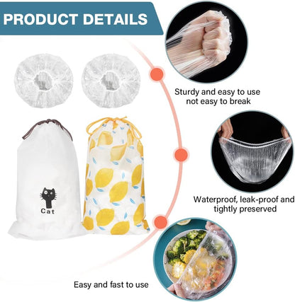Skiennix Reusable Plastic Bowl Covers - 200PCS Food Storage Elastic Covers for Leftovers | Ideal for Picnics
