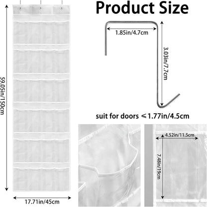 Skiennix 24-Pocket Over The Door Shoe Organizer - Large Hanging Rack with Mesh Pockets & 3 Hooks | White
