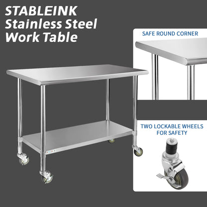 STABLEINK NSF Stainless Steel Table with Wheels 60x24 Inches 5ft, Metal Prep & Work Table with Adjustable Undershelf, for Commercial Kitchen, Restaurant, Hotel, Laundry and Garage