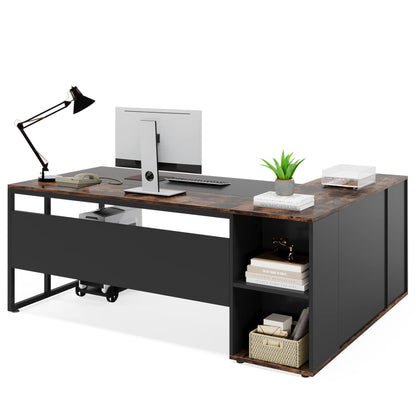 Tribesigns 71 inch Executive Desk, L Shaped Desk with Cabinet Storage, Executive Office Desk with Shelves, Business Furniture Workstation for Home Office, Brown and Black