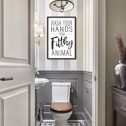 Skiennix Framed Black And White Bathroom Wall Art - Funny "Wash Your Hands" Poster | Modern Minimalist Canvas Print