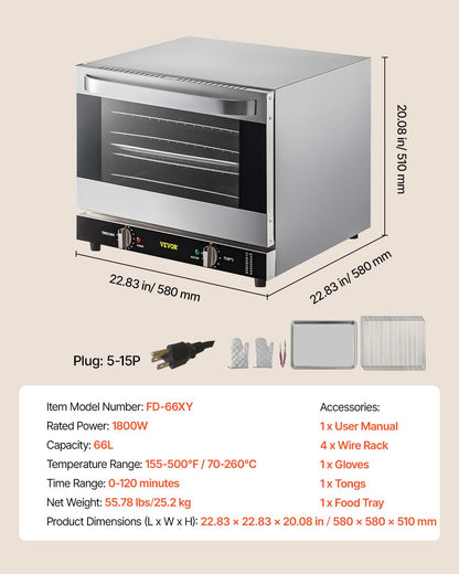 VEVOR Commercial Convection Oven, 66L/60Qt, Half-Size Conventional Oven Countertop, 1800W 4-Tier Toaster w/Front Glass Door, w/Trays Wire Racks Clip Gloves, 120V