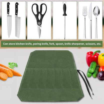 Knife Roll Bag, Chef’s Knife Roll Bag, Waterproof Waxed Canvas Pouch with 7 Slots, Multi-function Cutlery Knives Pouch Holder for Home Kitchen Travel Camping
