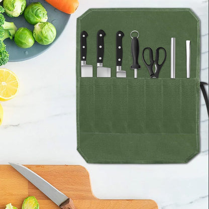 Knife Roll Bag, Chef’s Knife Roll Bag, Waterproof Waxed Canvas Pouch with 7 Slots, Multi-function Cutlery Knives Pouch Holder for Home Kitchen Travel Camping