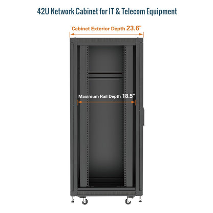 Tecmojo 42U Server Rack Network Cabinet 23.6" D x 23.6" W, Locking Data Cabinet Enclosure for 19" Server, Networking, AV & IT Equipment, Mesh Door, Black