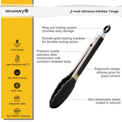 HINMAY Serving Tongs 9-Inch Cooking Tongs with Silicone Tips, Set of 3 (Black)