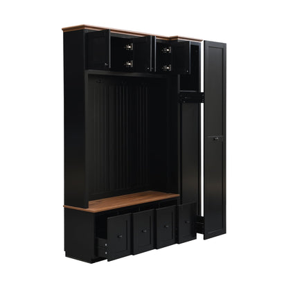 Shaical Hall Tree with Bench and Pull-Out Storage, 5-in-1 Entryway Shoe Bench with Coat Rack & 4 Drawers 2 Cabinets 4 Hooks, 78.7''H Wooden Storage Organizer for Hallway, Mudroom, Entrance, Black