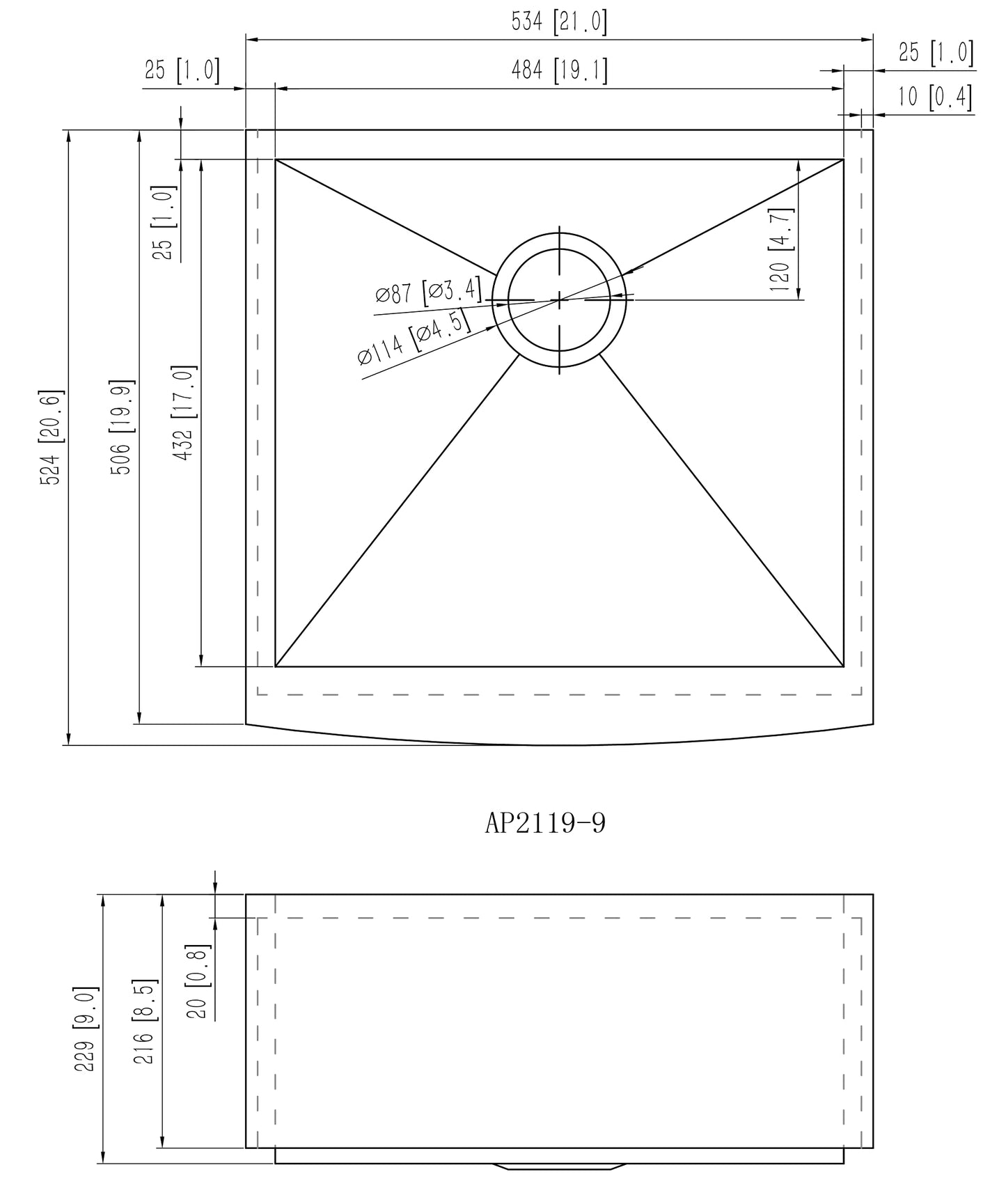 Alpha Sinks 21" Apron Front Farmhouse Sink - Stainless Steel, Single Bowl, 16-Gauge T304, Curved Apron Design - Premium Construct, Fast Drainage, Non-Toxic, Soundproof - Ideal for Modern Kitchens
