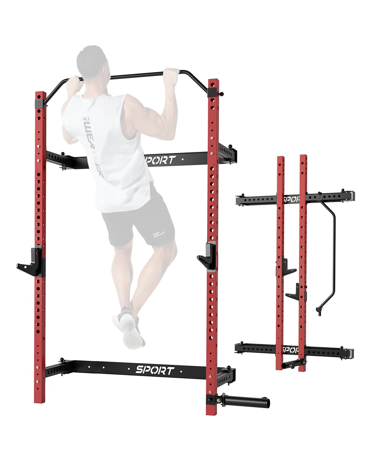 PeacefulHues Folding Wall Mounted Squat Rack, 1000 Pounds Capacity Power Rack with Pull Up Bar, J Hooks and Other Attachments, Space Saving Multi-Functional Power Cage for Home Gym