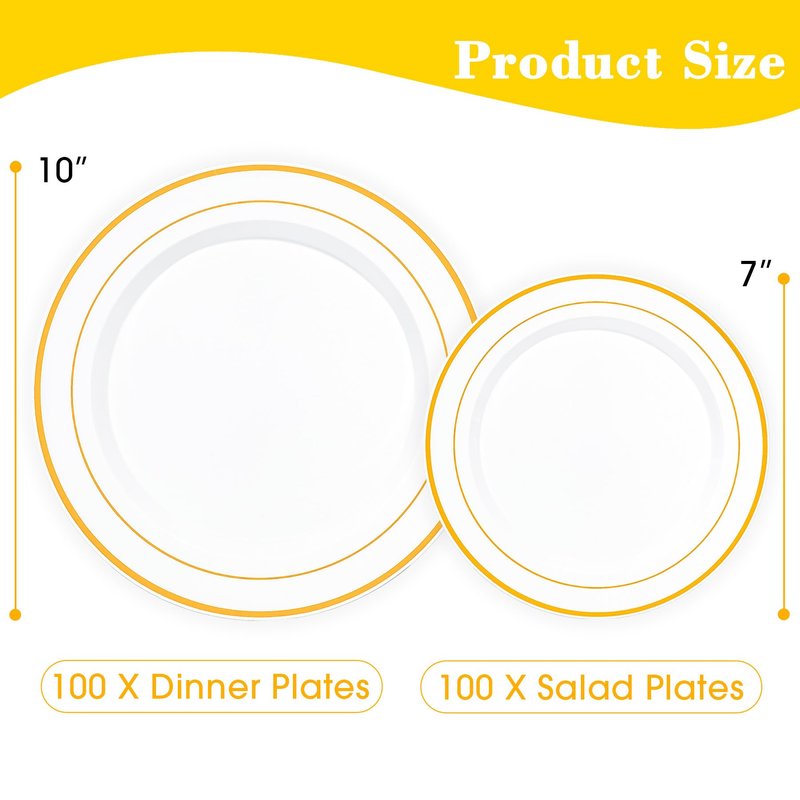 QualQuot 200PCS White Plastic Plates with Gold Rim, Disposable Heavy Duty Plastic Plate, 100 Dinner and 100 Dessert Plates for Party and Wedding