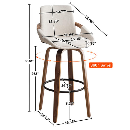 LUNLING 25.6" Counter Height Barstools Set of 3 Mid Century Modern Retro Bar Chairs Charcoal Beige Linen Look Fabric Upholstered and Walnut Wood Frame for Home Bar Furniture,Beige,3PCS