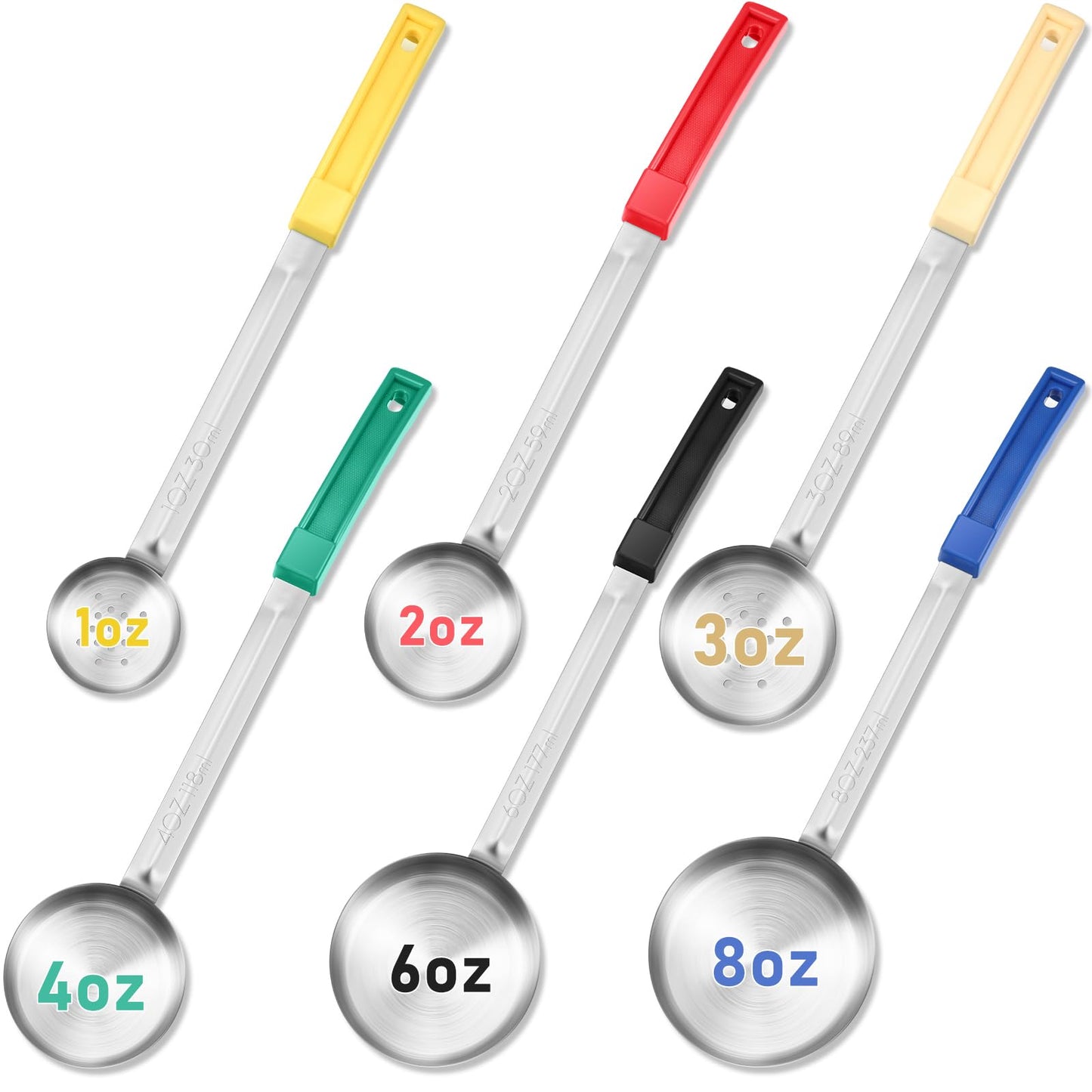 6 Pcs Portion Control Serving Spoons Set, Portion Scoops for Food, Unslotted Spoon (2, 4, 6, 8 oz), Slotted Stainless Steel Ladle Spoon (1, 3 oz) for Measuring Serving Ladle Utensils Weight Loss